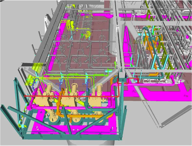Topsides layout computer modeling prior to execution phase to ensure potential clashes identified early.